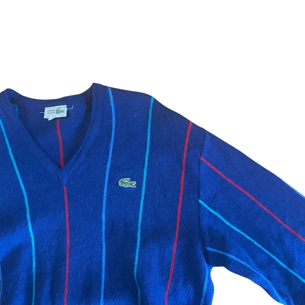Lacoste Men's V-Neck Sweater - Navy with Red and Green Stripes - US Men’s Medium - Picture 2 of 5